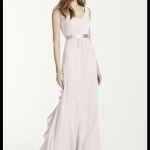 David’s Bridal sleeveless chiffon dress with ruffled back, Angel color, size 14